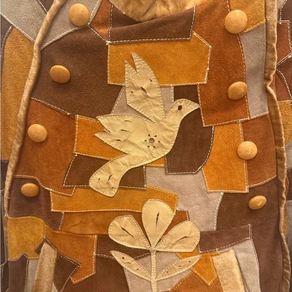 Vintage Flower Power Festival Patchwork Suede Jacket Poncho Bird Brown & Camel - Picture 5 of 12